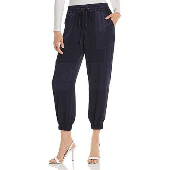 Ramy Brook Alston stretch silk jogger pants black cropped leather trim Small - Picture 1 of 6